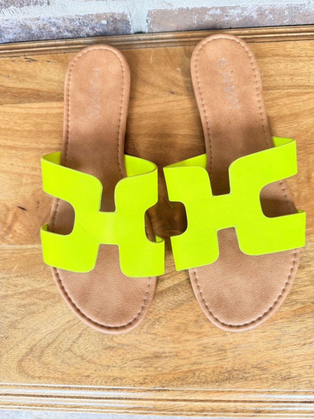 Anna Neon Lime Slide Sandals with Tan Footbed